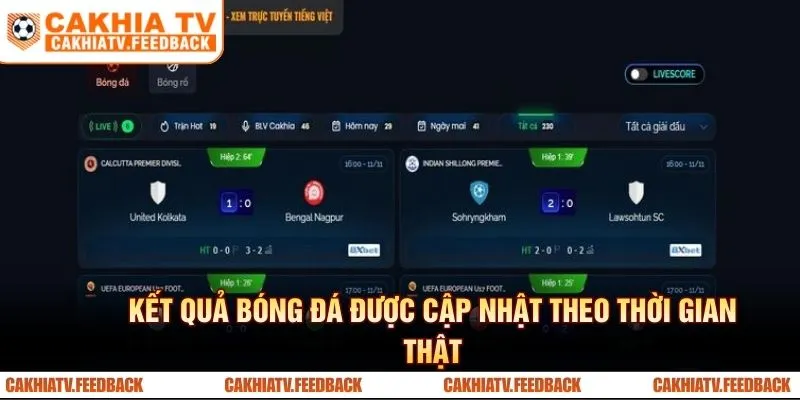 Kết quả bóng đá CakhiaTV được cập nhật theo thời gian thật